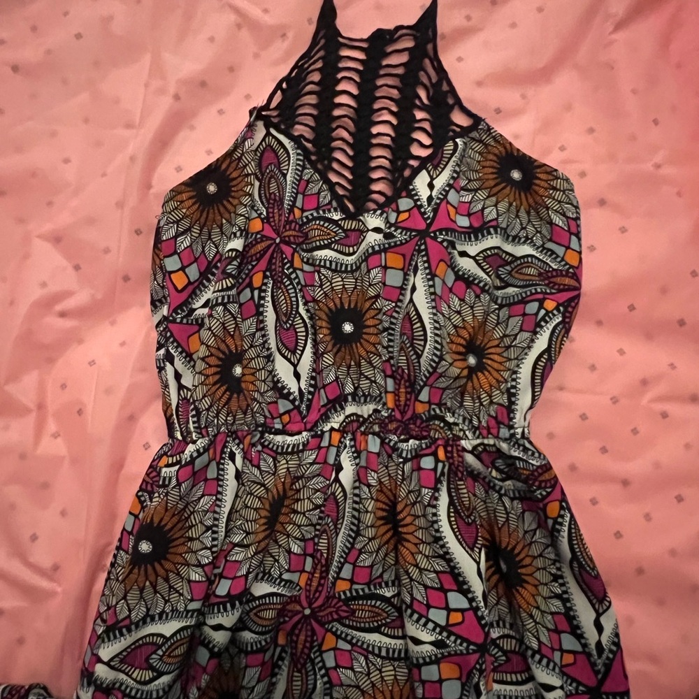 FIRE LOS ANGELES Long Dress A-line Crochet Alter Neck Open Front Leg Size M